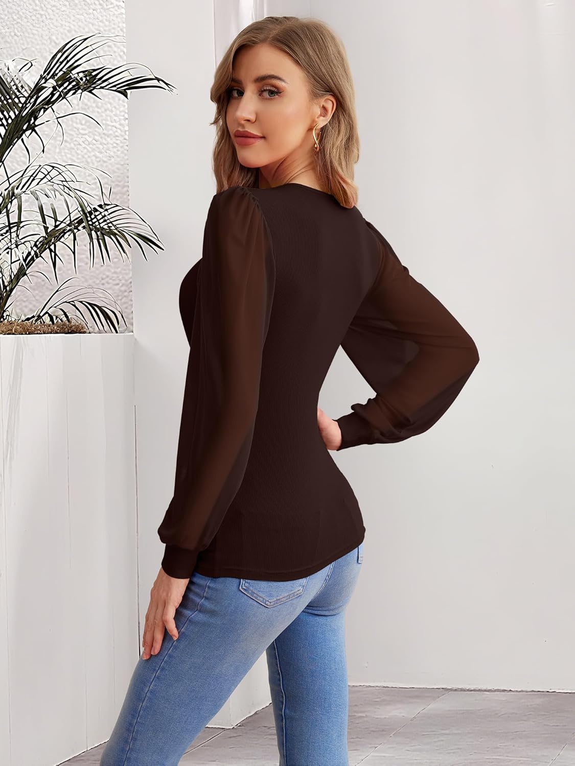 Women's Mesh Long Sleeve Shirts 2025 Fall Ribbed Knit Fitted Tops Business Dressy Casual Work Blouses - Image 4