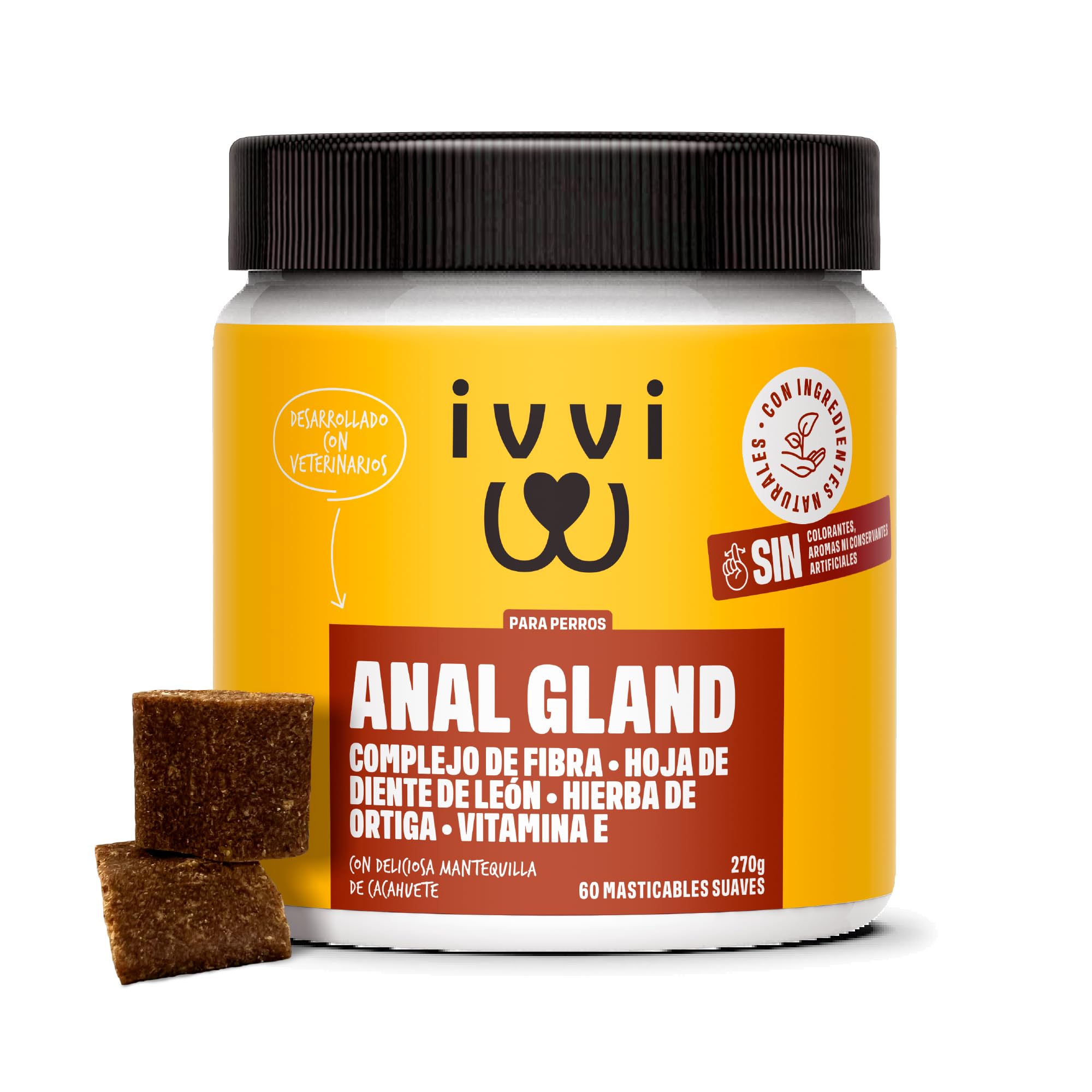 ivvi Anal Gland Snacks para Mejorar la Salud de Las glándulas Anales en Perros - Contiene Calabaza, Psyllium, Lino, Diente de León, Ortiga y Prebióticos. 60 Snacks (270g) con Mantequilla de Cacahuete