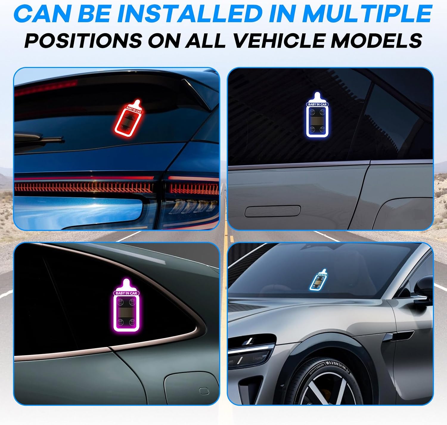 Solar Powered Window Baby in Car Sign Warning Light Wireless LED Ambient Lighting Baby Bottle Shape Neon Lamp Funny Decor Accessories to Alert Following Vehicles-Blue