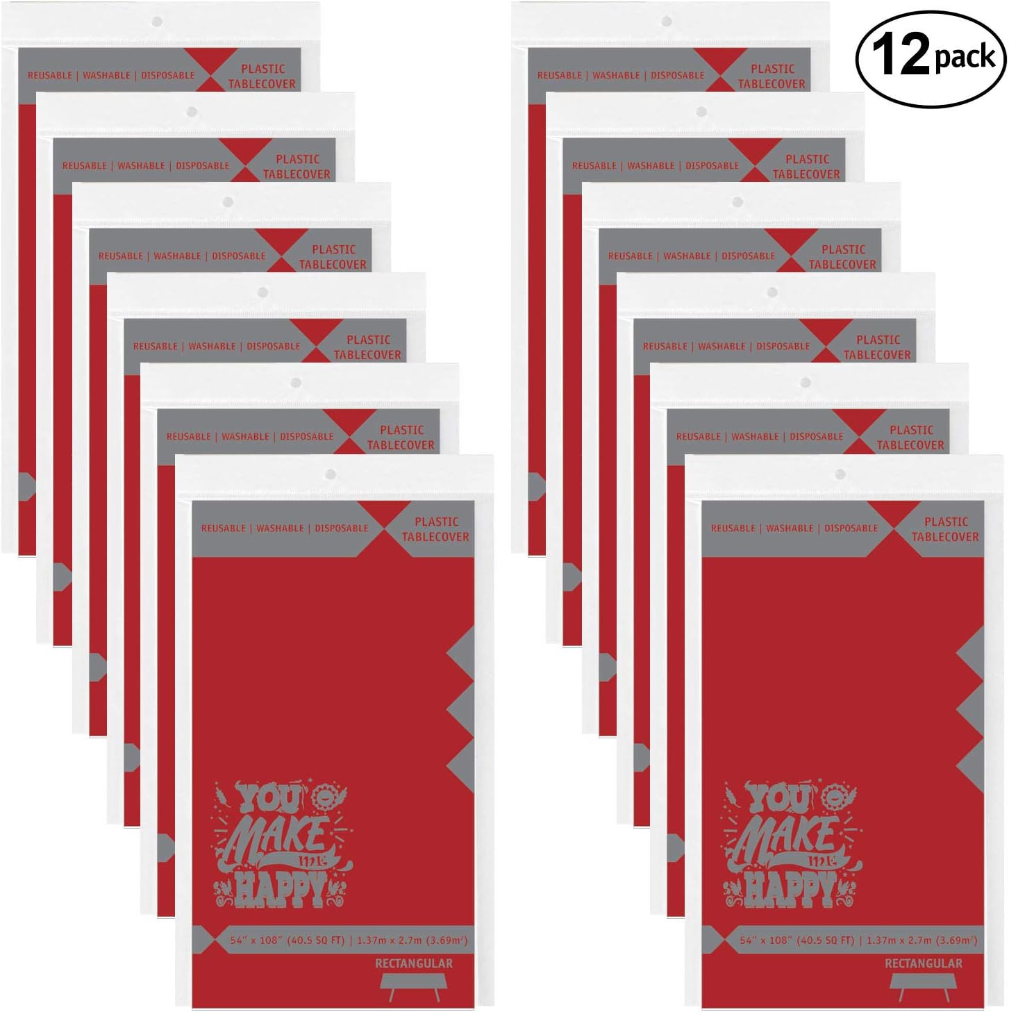 New Deal Plastic Tablecloth 12 Pack Disposable Rectangle Table Covers - 54 x 108 for Big Dinner Tables - Indoor or Outdoor Parties, Birthdays, Weddings, Christmas, Fiestas (Red)