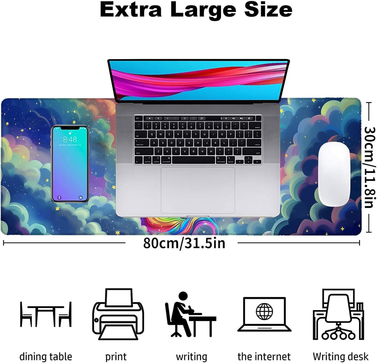 Magical Unicorn Gaming Mouse Pad, Office Desk Mat, Anti-Slip Rubber Base Cool Aesthetic Mouse Pads for Computer Laptop Keyboard School Home Desktop Gamer Home Accessories Decor 31.5" x 11.8"