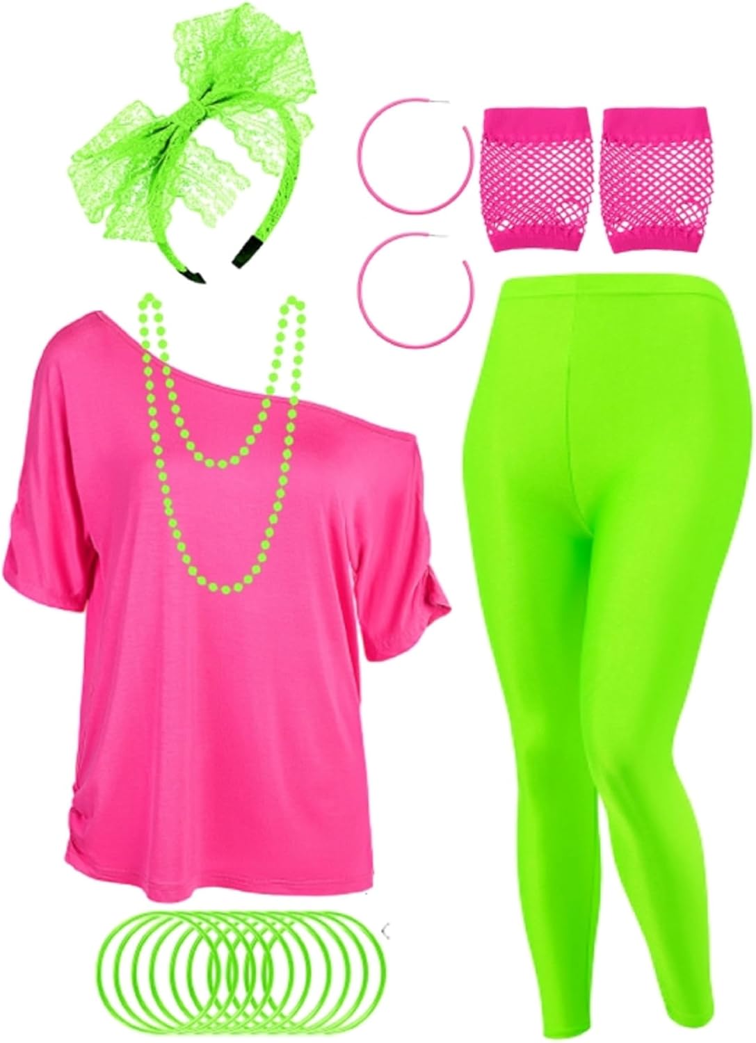 16 Pcs 80s Costume Outfit Accessories Women Neon T Shirt Legging Pants Gloves Earrings Necklace Bracelet Hairband