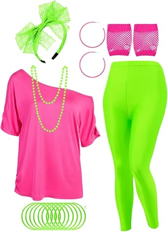 16 Pcs 80s Costume Outfit Accessories Women Neon T Shirt Legging Pants Gloves Earrings Necklace Bracelet Hairband