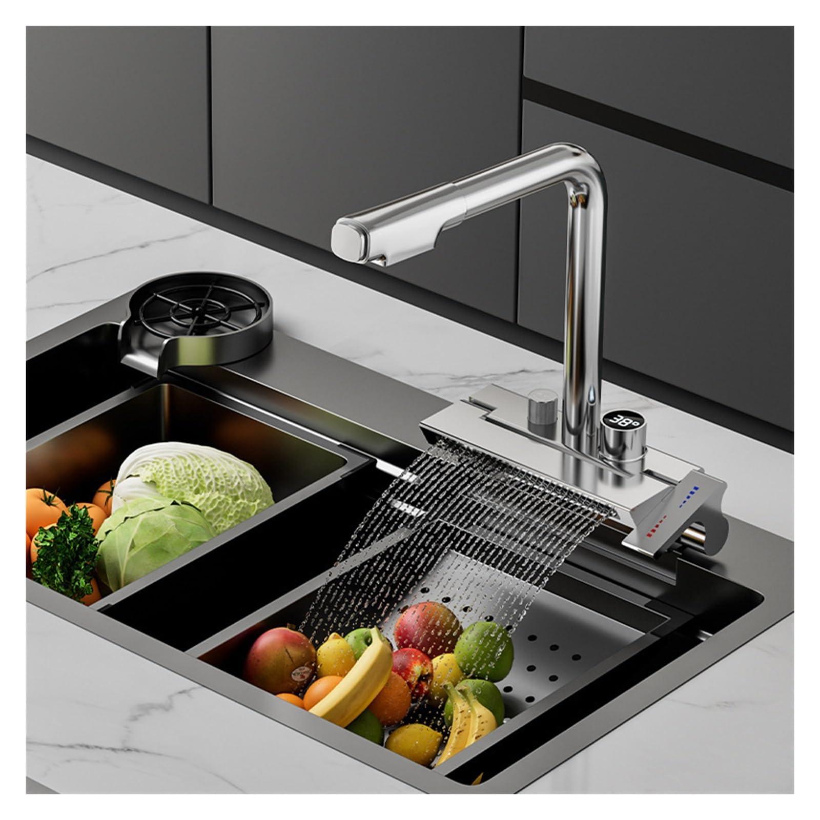 ZLLFHS Waterfall 3 Effluenti modalità Dispenzzino del Bacino Singolo Uso con Display Digitale Tutto Il Rubinetto da Cucina in Rame (C)