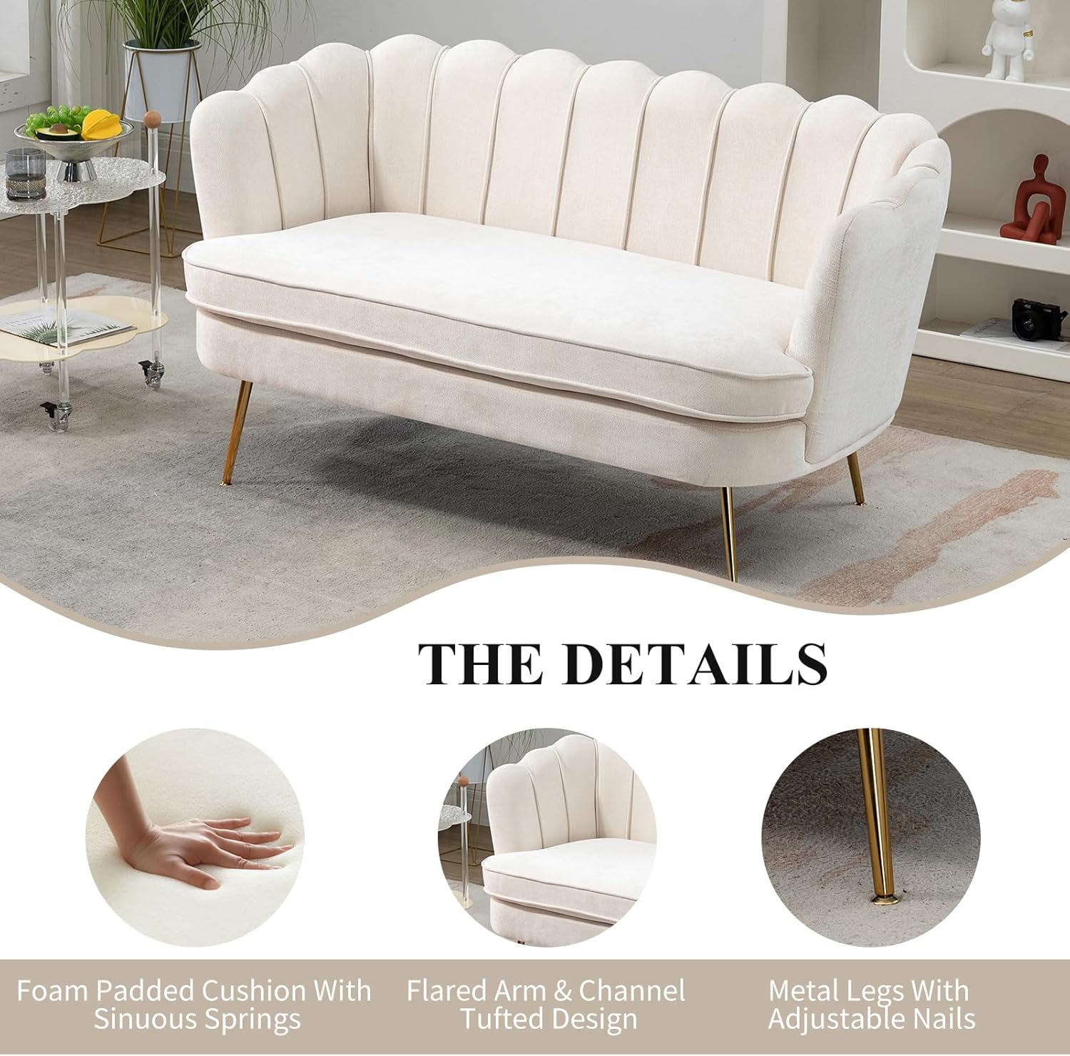 59" Wide Loveseat Sofa, Chenille Upholstered Small Couch with Gold Metal Legs, Modern Leisure Sofa with Petal-Shaped Design, Mini Room Couch for Bedroom, Apartment (Beige-Chenille)