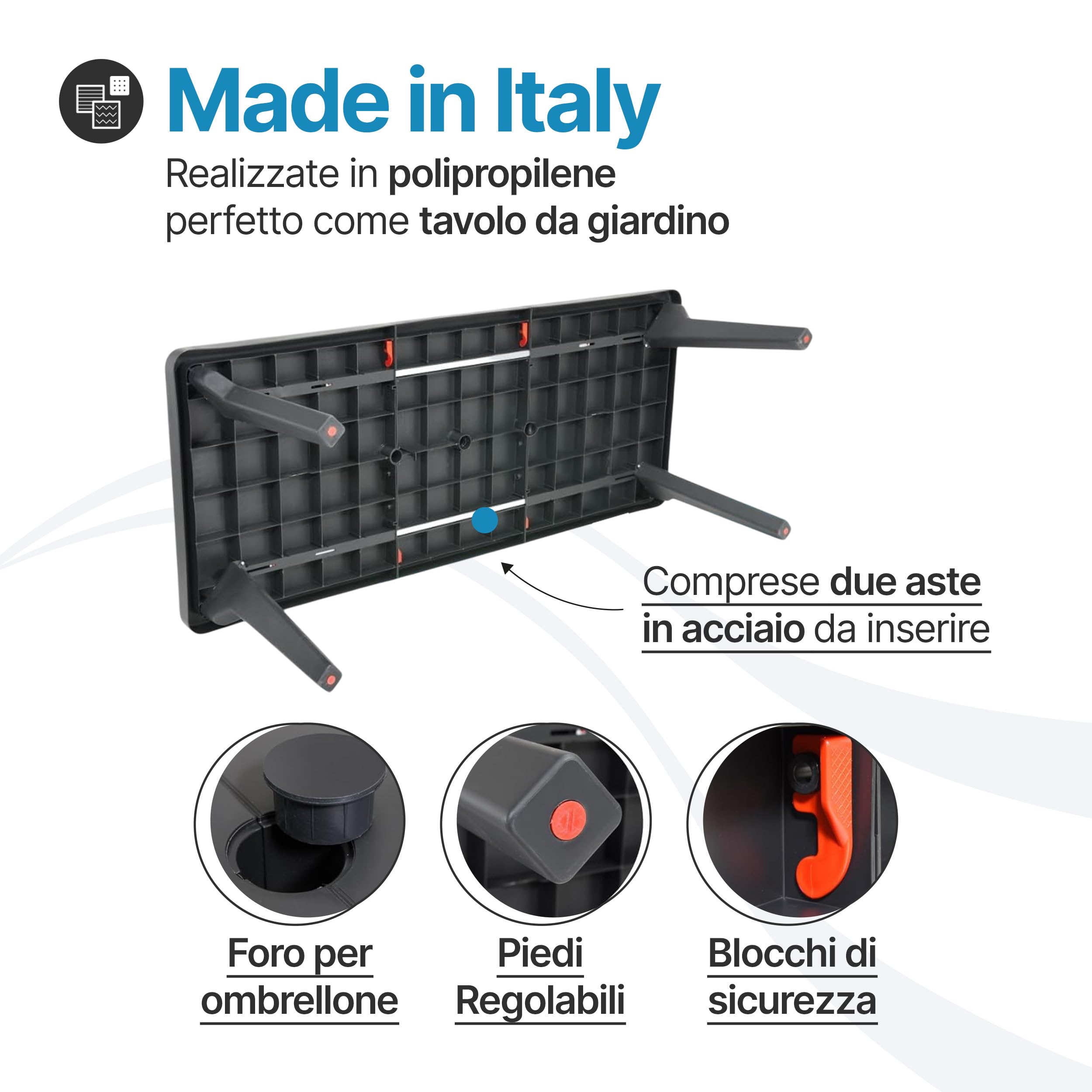 Tomaino - Tavolo da Giardino Allungabile in Plastica Berg - Gambe Smontabili e Design Salvaspazio 160/220x90x74 cm - Tavolo da Esterno Richiudibile e Prolungabile New Antracite