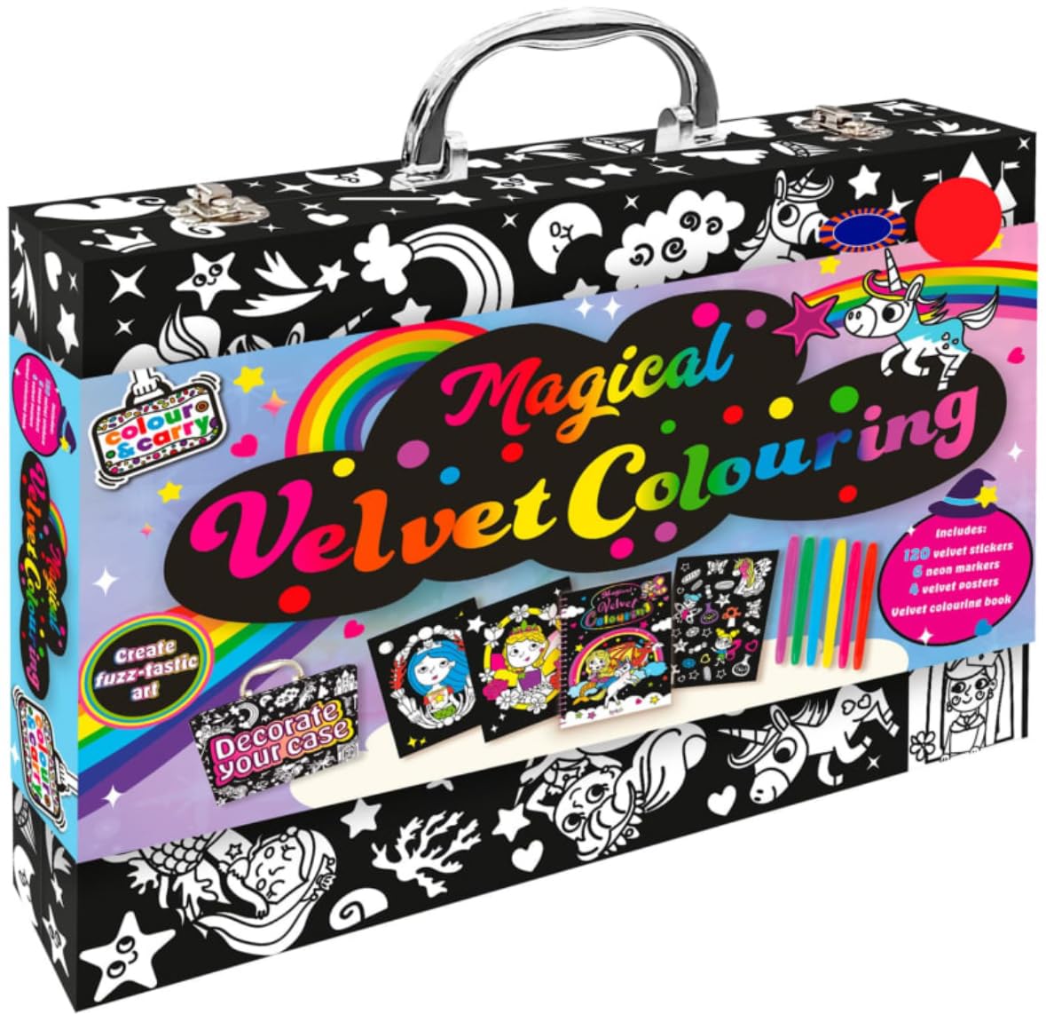 AAMEN Colour & Create Magical Velvet Colouring Art Set, 120 Stickers, 6 Neon Markers, 4 Posters, Colouring Book, Rainbow Unicorn Theme, 26.7 x 37.4 x 5.5cm