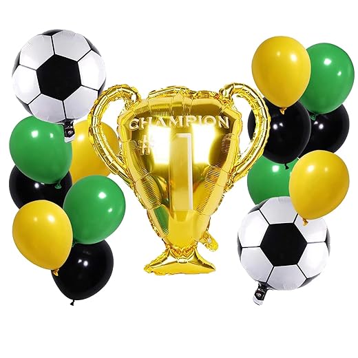 Soccer Birthday Party Decorations，Boys Sports Theme Birthday Decorations，Championship Trophy Balloons，Soccer Foil Balloons，Black Green Yellow Latex Balloons