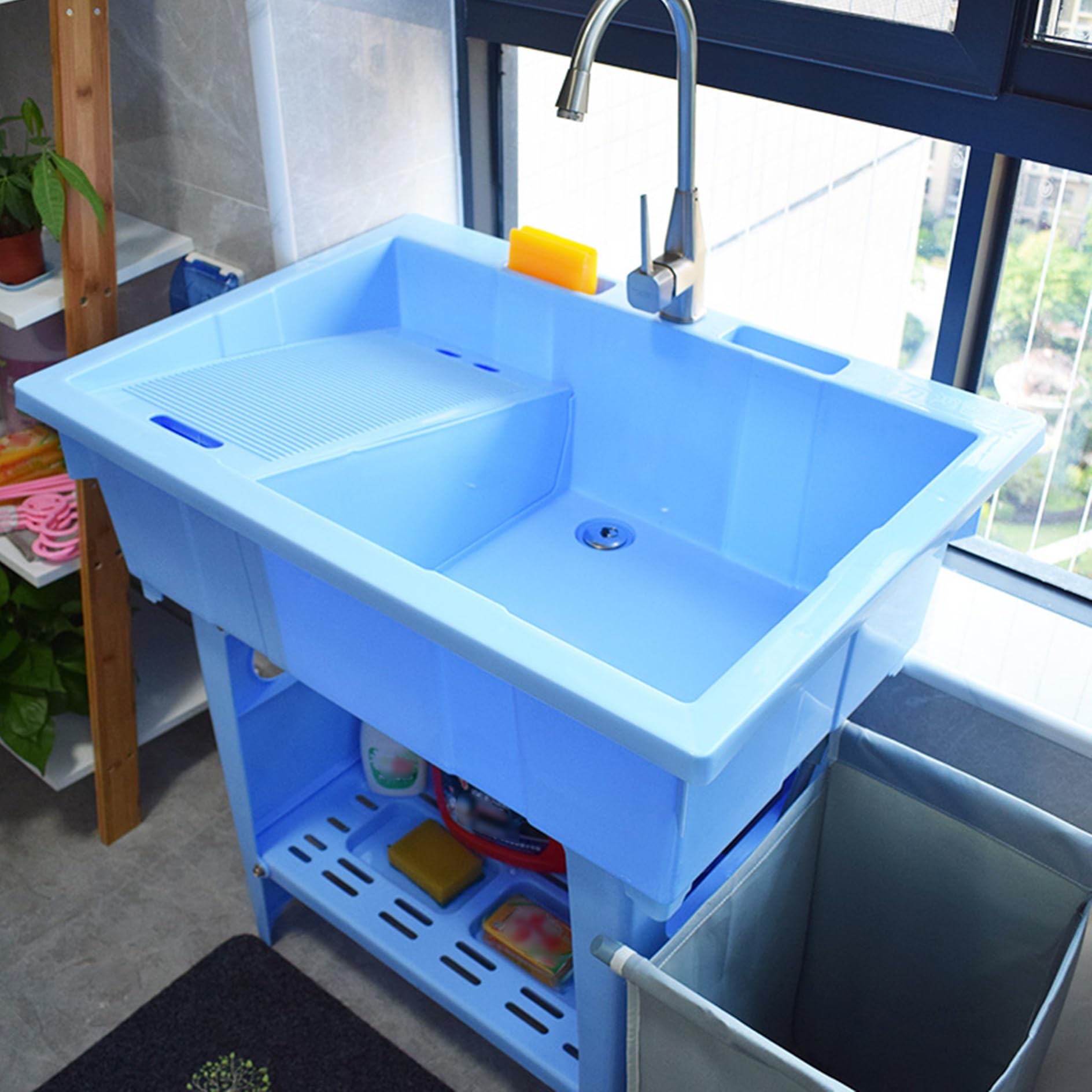 Fregadero Portátil,Barreño de Plástico,Lavadero pila Exterior,Lavamanos Portatil con Grifo y Juego de Desagüe,Lavabo para Interior Jardin Cocina Baño Camping Terraza Restaurante Lavandería(Blauw)