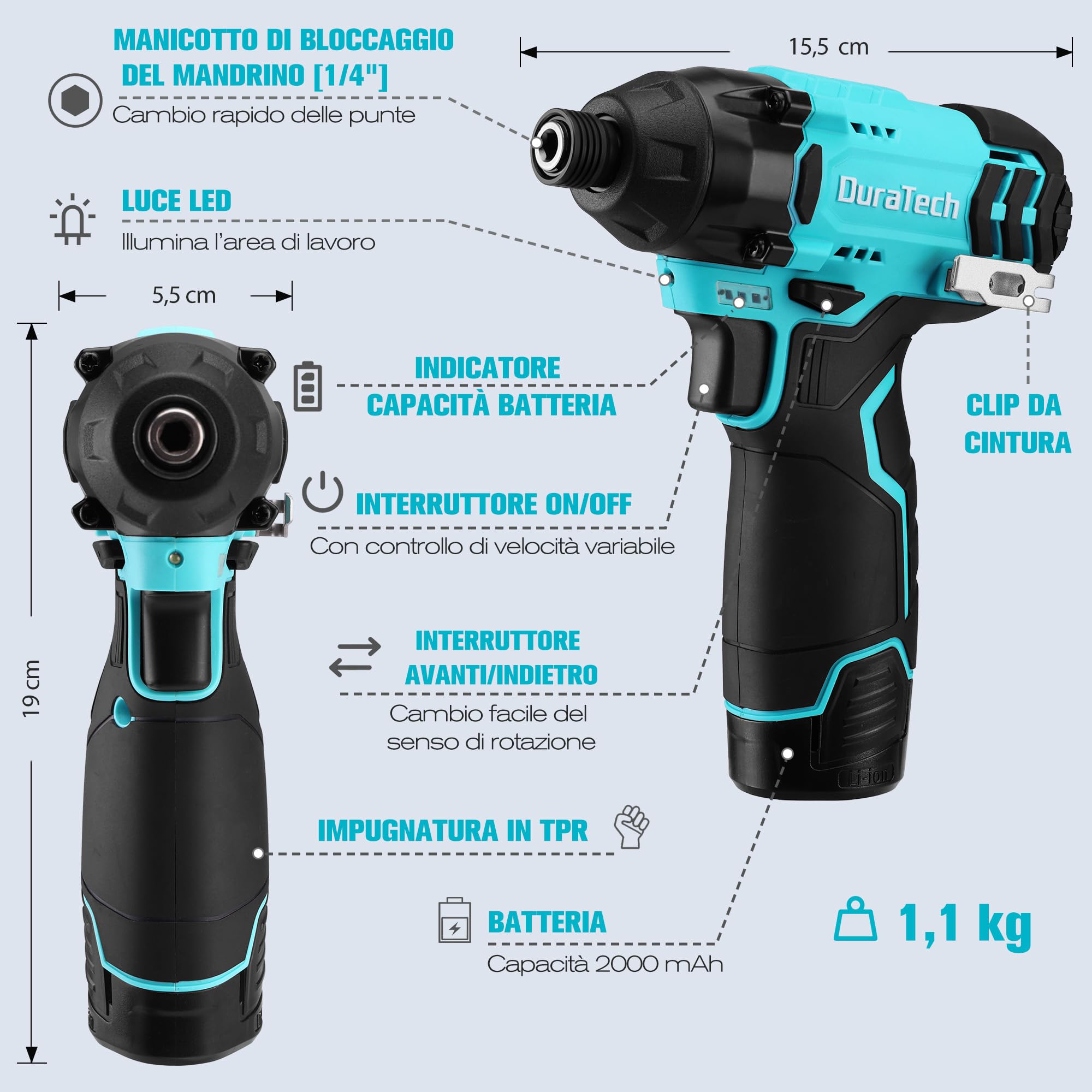 DURATECH Avvitatore a impulsi 12 V, 100 Nm, 0–2400 giri/min, 1/4″, 11 bit, 3 bussole, LED, velocità variabile, batteria 2000 mAh, caricabatterie e borsa inclusi