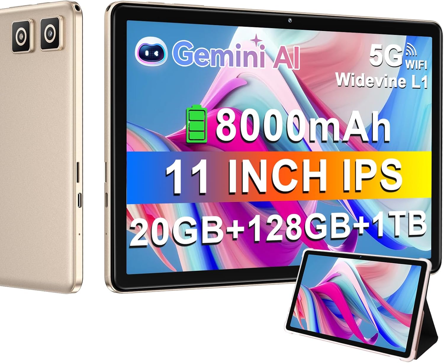 DMOAO Tablet 2026 11 Inch Tablet Android 14 Tablets with 128GB + 20GB Large Storage, Octa-Core 2.0Ghz, 8000mAh,18W Fast Charging, 5G WiFi, GPS, 5+13MP Camera, Widevine L1, Face Unlock-Gold