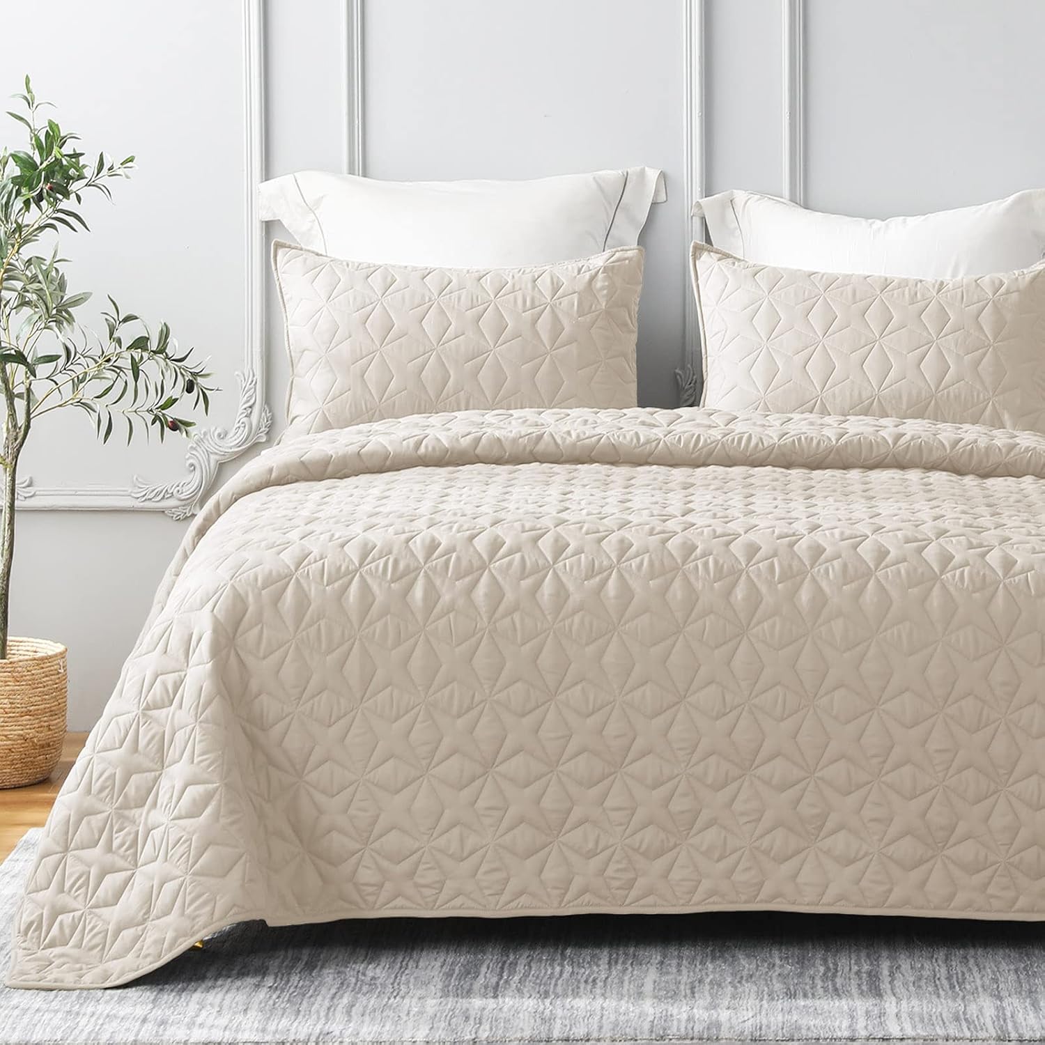 Whale Flotilla Quilt Set Queen Size, Soft Microfiber Lightweight Bedspread Coverlet Bed Cover (Star Pattern) for All Seasons, Bone, 3 Pieces (Includes 1 Quilt, 2 Shams)