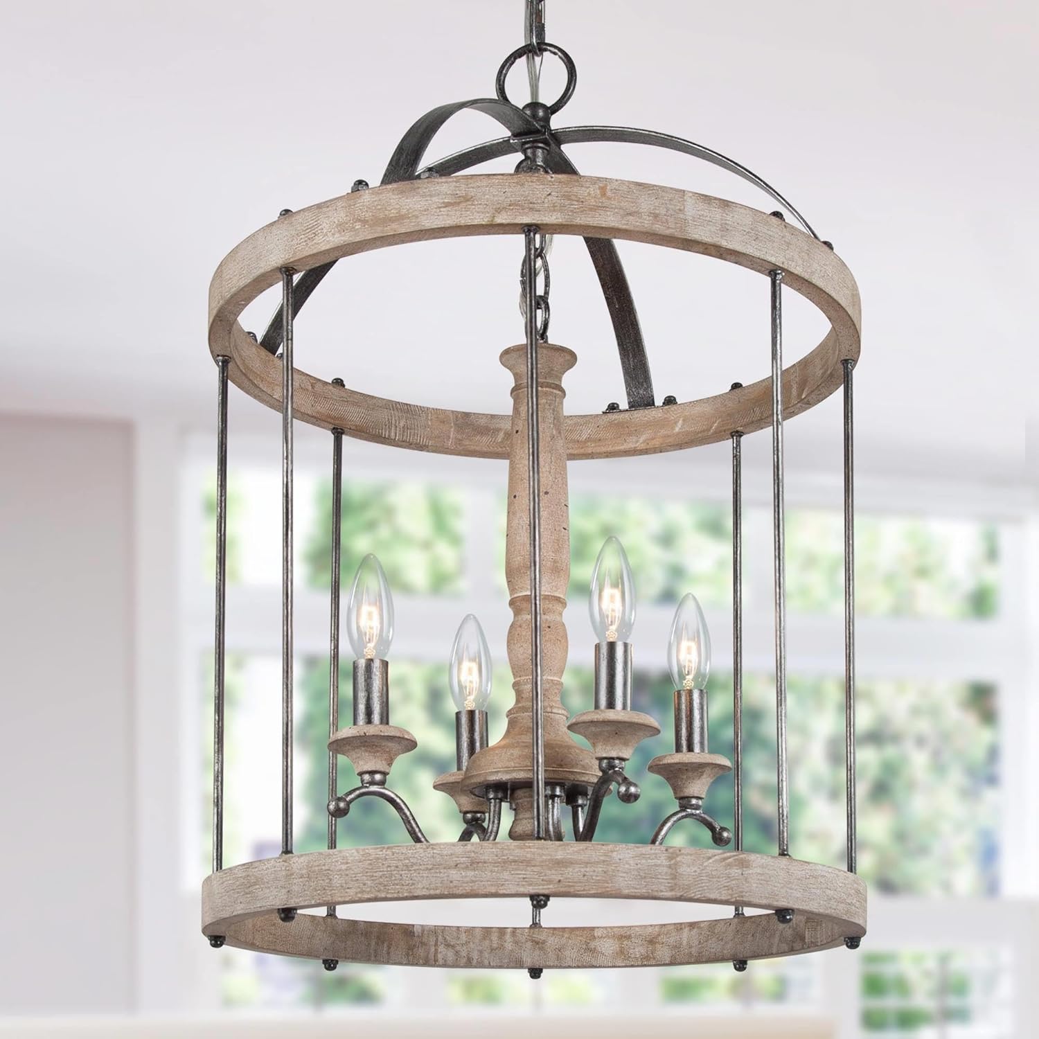 Farmhouse Chandelier for Living Room, Rustic Wood Chandelier Light Fixtures 4 Light Chandeliers Distressed Weathered Wood for Dining Room, Entryway, Foyer, Black Aged Silver Finish