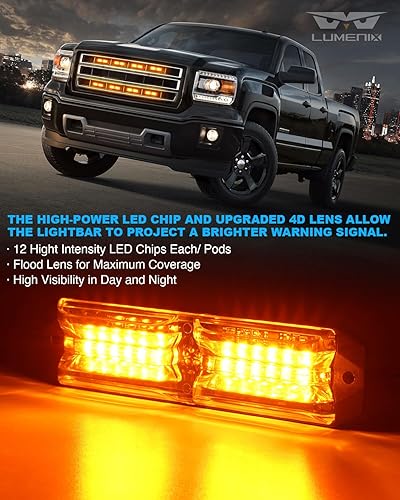 Miniatura 10 de LUMENIX Kits de luces estroboscópicas de rejilla para camiones con controlador, 8 unidades de luz LED ámbar blanco de alta intensidad para montaje