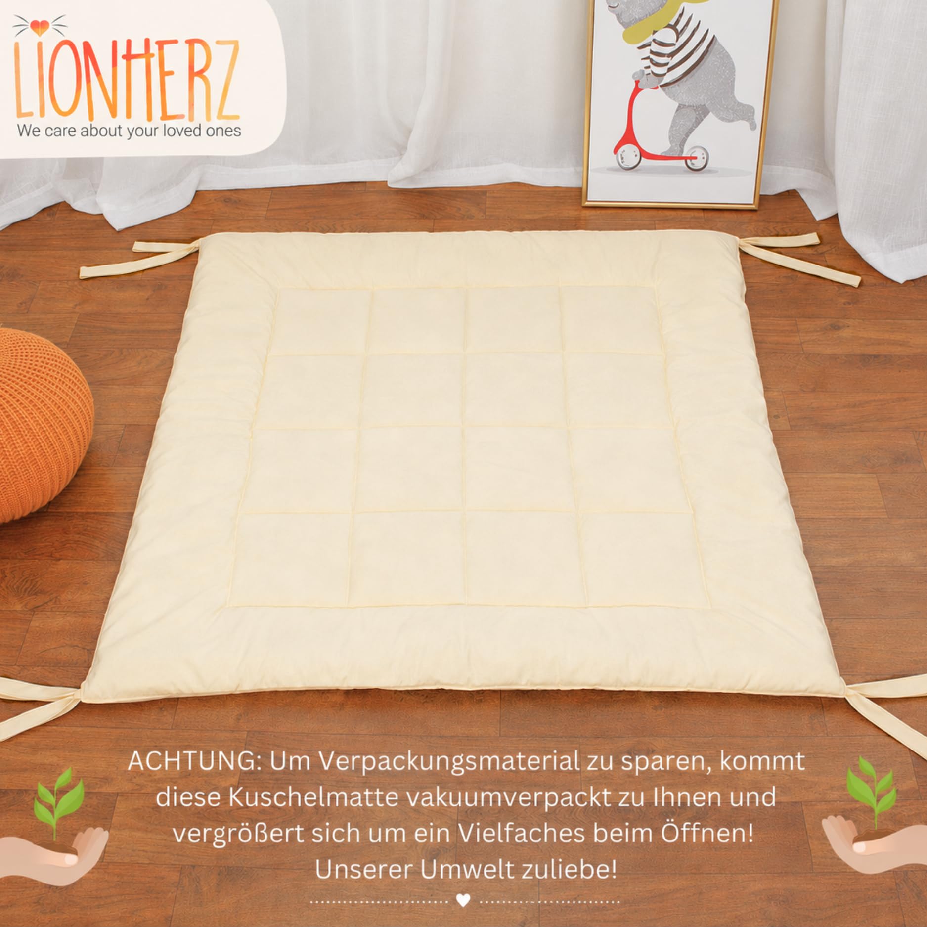 LIONHERZ® Tipi Decke mit Bändern 120x120cm | Spielzelt Matte Kinder | gepolstert & abgesteppt | quadratische Krabbeldecke | Bodenmatte Tipi, Spielhaus, Laufstall & Bällebad | Kinderdecke