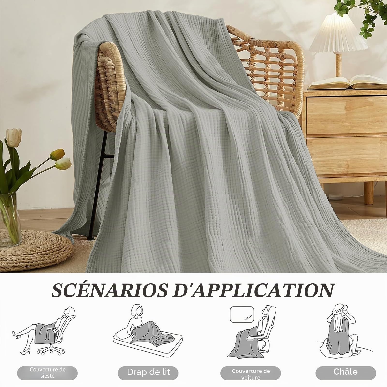 Couverture Gaze de Coton, 150 x 200 cm Plaid Coton Canapé, Couvertures 100 % Coton, Usage 4 Saisons, couvertures en Mousseline pour Adulte, Couverture Été pour Lit, Canapé, Jeté de Lit (Gris Clair)