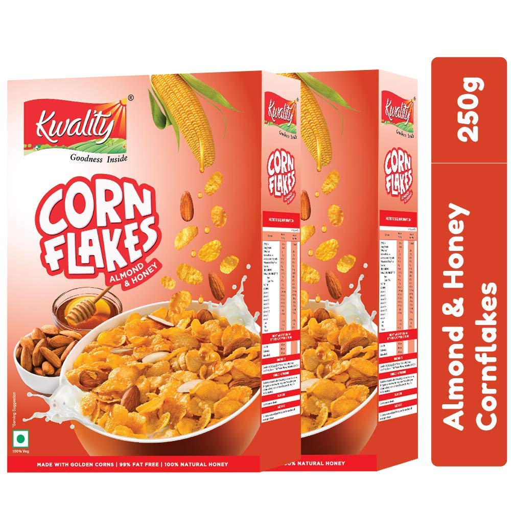 Kwality Corn Flakes, Almond And Honey, Made With Golden Corns, 99 Fat
