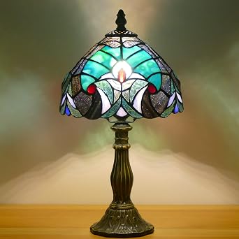 Small Tiffany Lamp Mini Stained Glass Table Lamp Bedside Accent Lamp Memory Sympathy 8X14.5 Inch Green Liaison Style