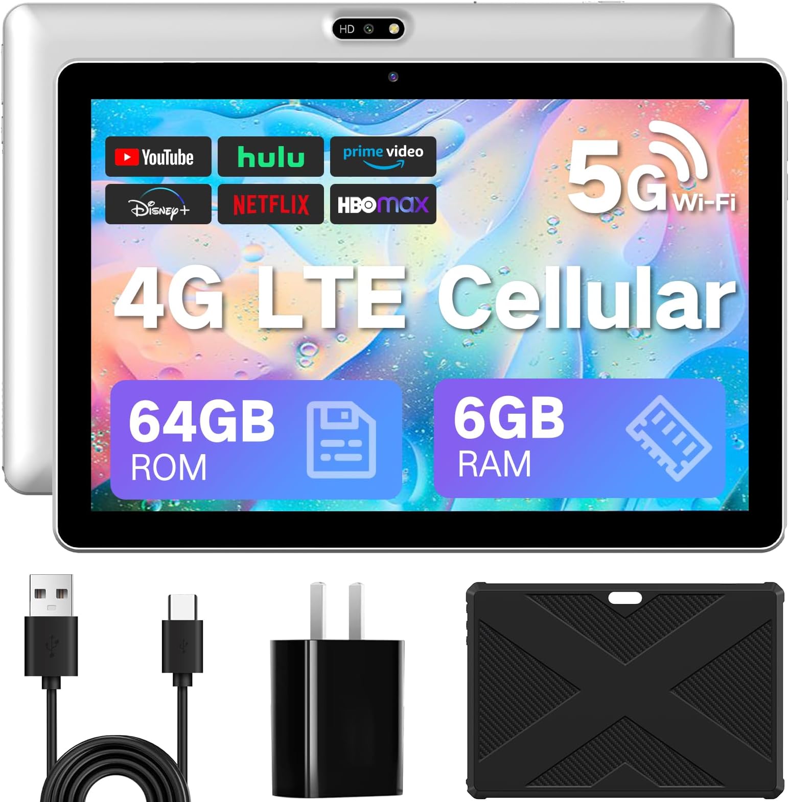 JUNYANG Android 13 Tablet with SIM Card Slot,10.1 Inch Cellular Tablets with Case, 4G LTE Tablet & Phone (Makes Calls), 6GB+64GB, Support 1TB Expand, 5MP+8MP GPS 5G WiFi,Parental Control