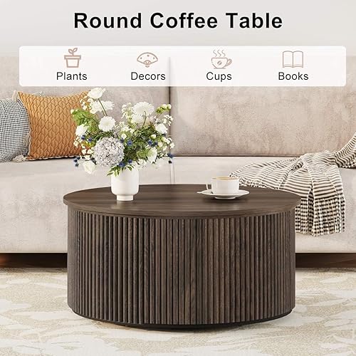 Miniatura 4 de FATORRI - Mesa de centro redonda, mesa central de madera acanalada con almacenamiento, mesas de cóctel modernas de mediados de siglo para espacios