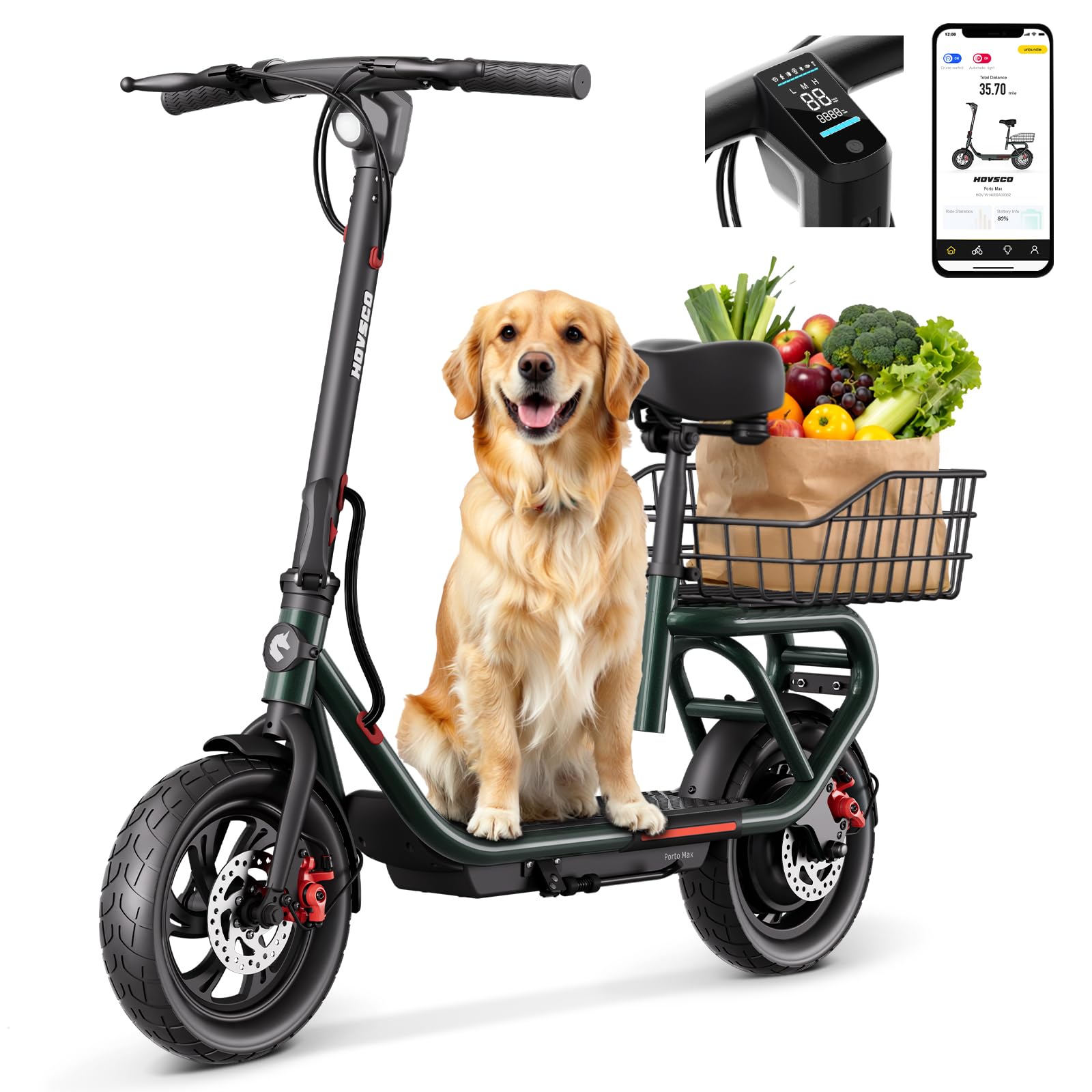 HOVSCO Electric Scooter with Seat Max 19MPH 25 Mile Long Range Peak 750W Motor 12 Pneumatic Tire LCD