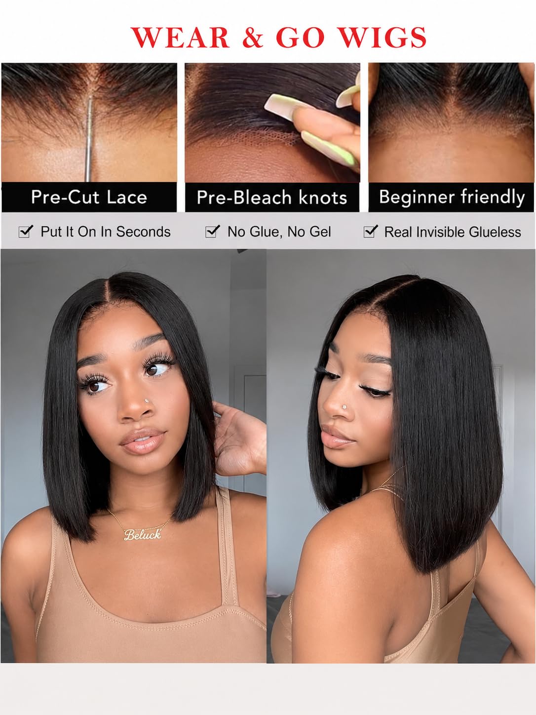 Wear And Go Glueless Pre Cut Lace Human Hair Wig, Pelucas Mujer Pelo Natural 4x4 Peluca De Encaje Bob Recta Cabello Humano 180% Densidad 10 Pulgadas