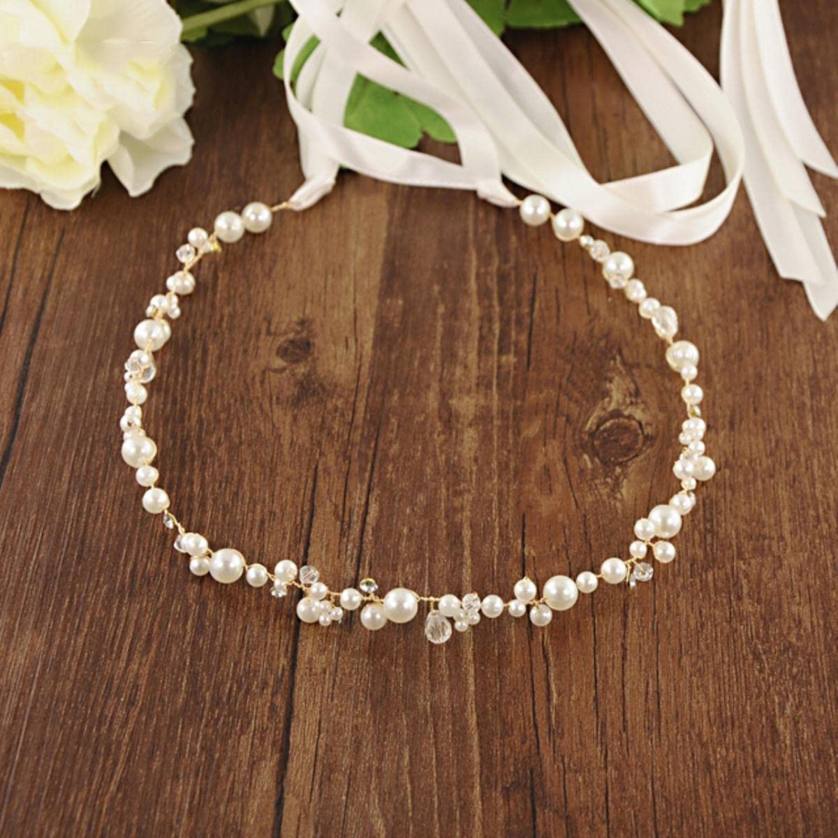 Cinturón de Novia con Perlas, cinturón de Boda para Vestido de Noche, Accesorios de Boda, cinturón de Boda de Astilla Dorada, Cinta de champán, Metal Dorado (Cinta blanquecina)