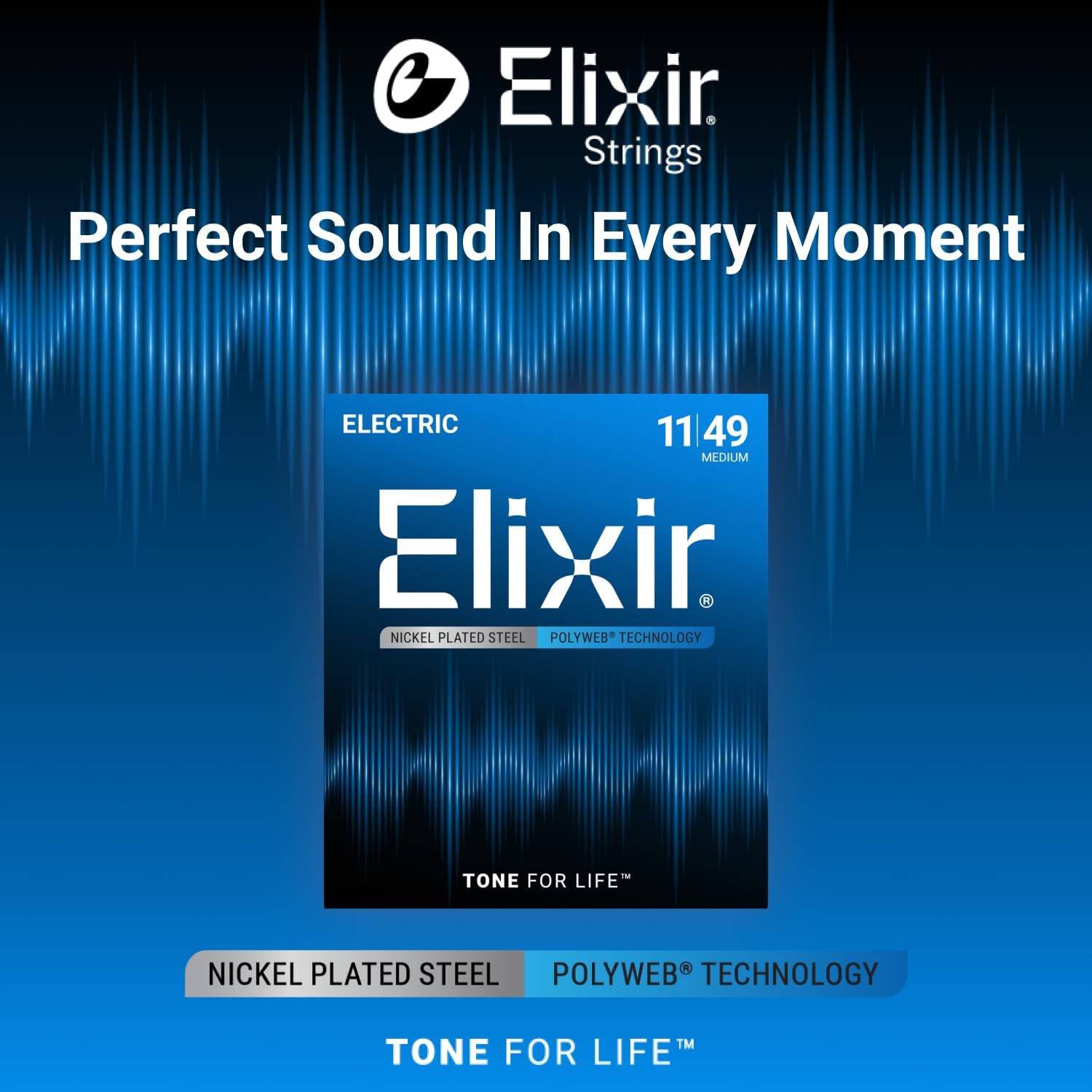 Elixir Strings, Electric Guitar Strings, Nickel Plated Steel with POLYWEB Technology, Longest-Lasting Warm Tone with Comfortable Feel, 6 String Set, Medium 11-49