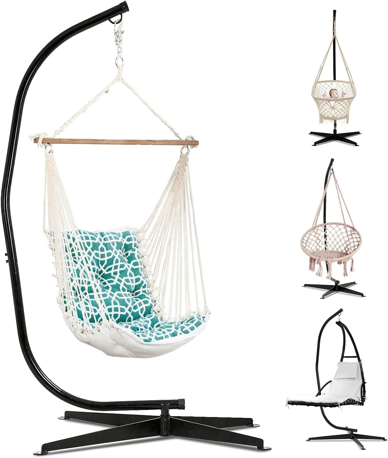Hammock Chair Stand, C Stand Hanging Stand Weather Resistant Steel Frame 360 Degree Rotation for Outdoor, Indoor Porch Hammock, Black, 44 x 36 x 87 inches(Stand Only)