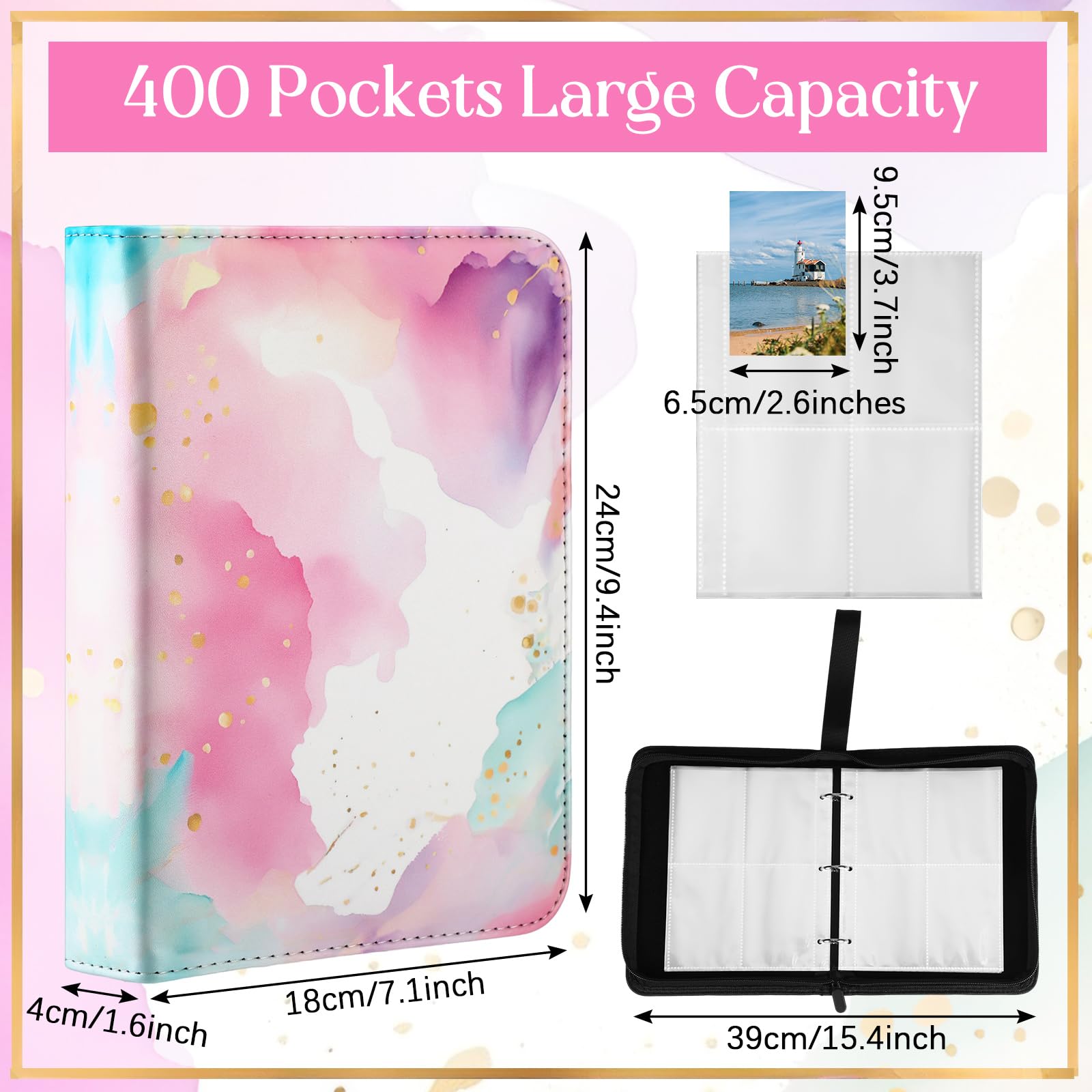 Humyoun Card Binder 4/9 Pocket PU Waterproof Trading Binder Compatible with MTG for 400/900 Portable Album Holder with Zipper Wristband Card Organizer Book Case