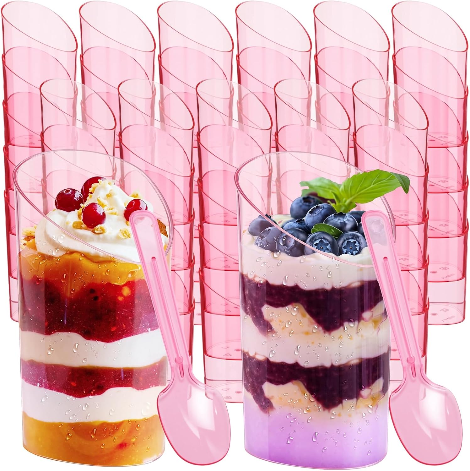 CHENGU 100 Pack 3 oz Mini Dessert Cups with Spoons Slanted Round Shooter