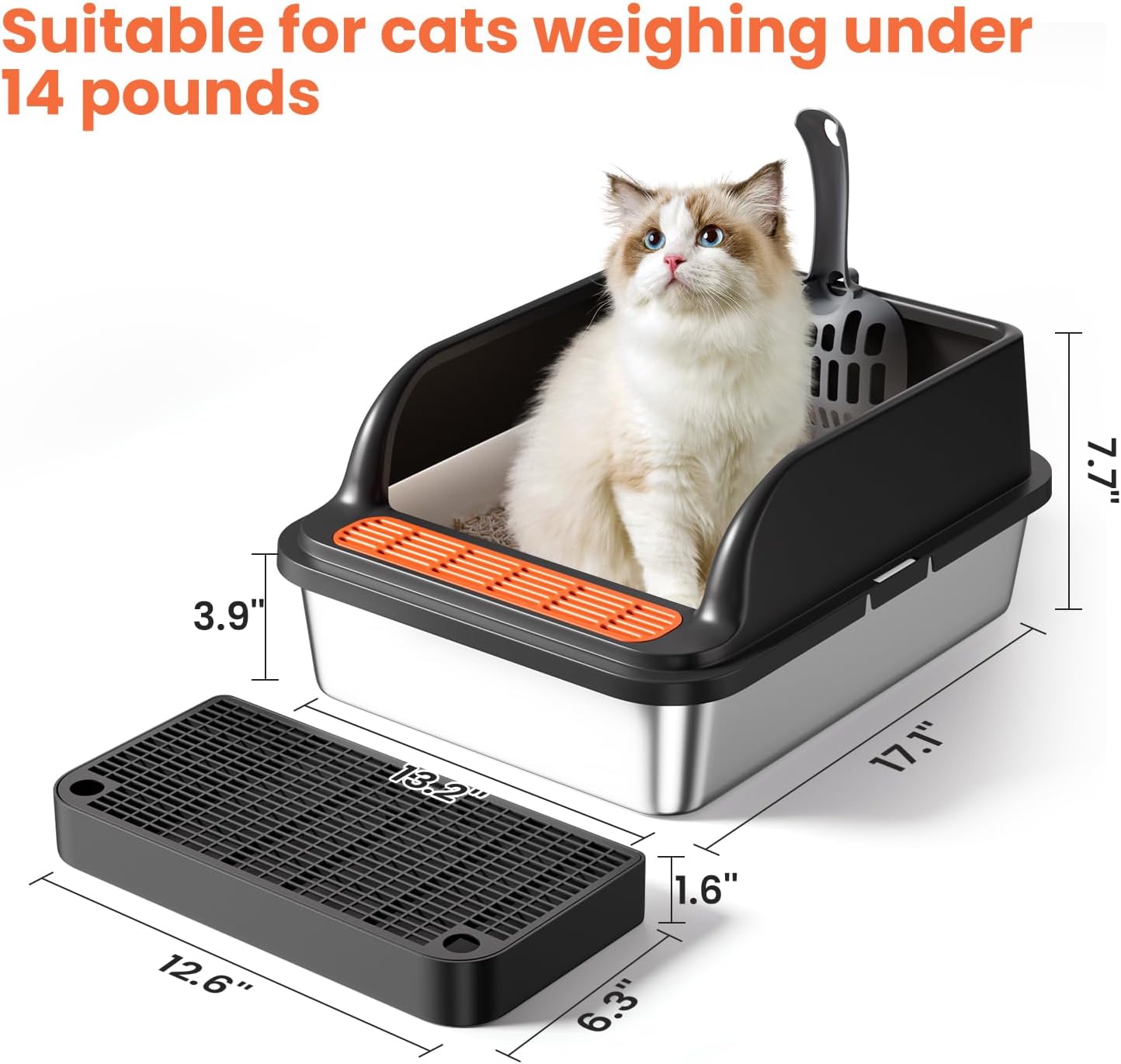 Stainless Steel Cat Litter Box, Metal Kitty Litter Box Includes Litter Mat & Scoop, Easy Cleaning Anti-Scratch Kitty Cat Box Anti-Urine Leakage, Non-Sticky, Perfect for Small Cats, Black