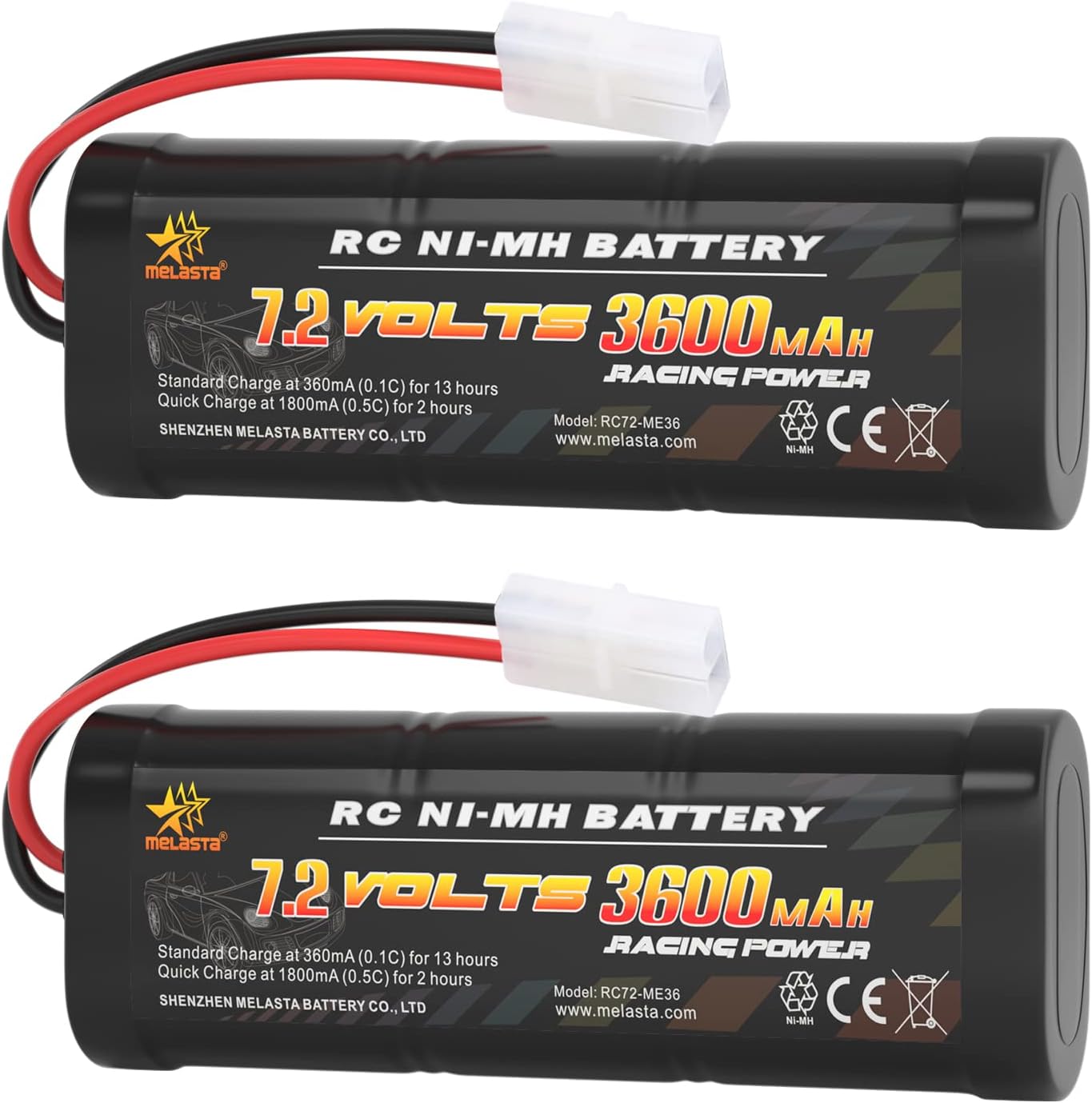melasta 2pcs 7.2V 3600mAh RC NiMH Battery Packs Compatible with Standard Tamiya Plug, RC Battery for RC Car RC Truck RC Airplane, RC Helicopter Associated HPI Losi Kyosho Hobby