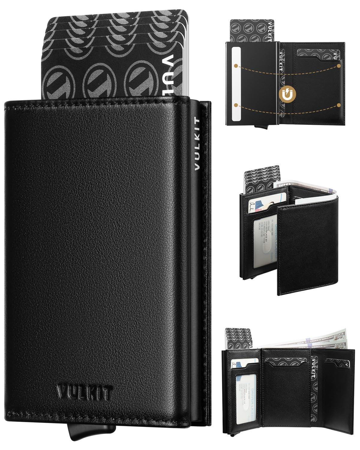 VULKITPop up Card Wallet Minimalist Cash Wallets RFID Blocking Leather Smart Credit Card Holder with ID window for Men