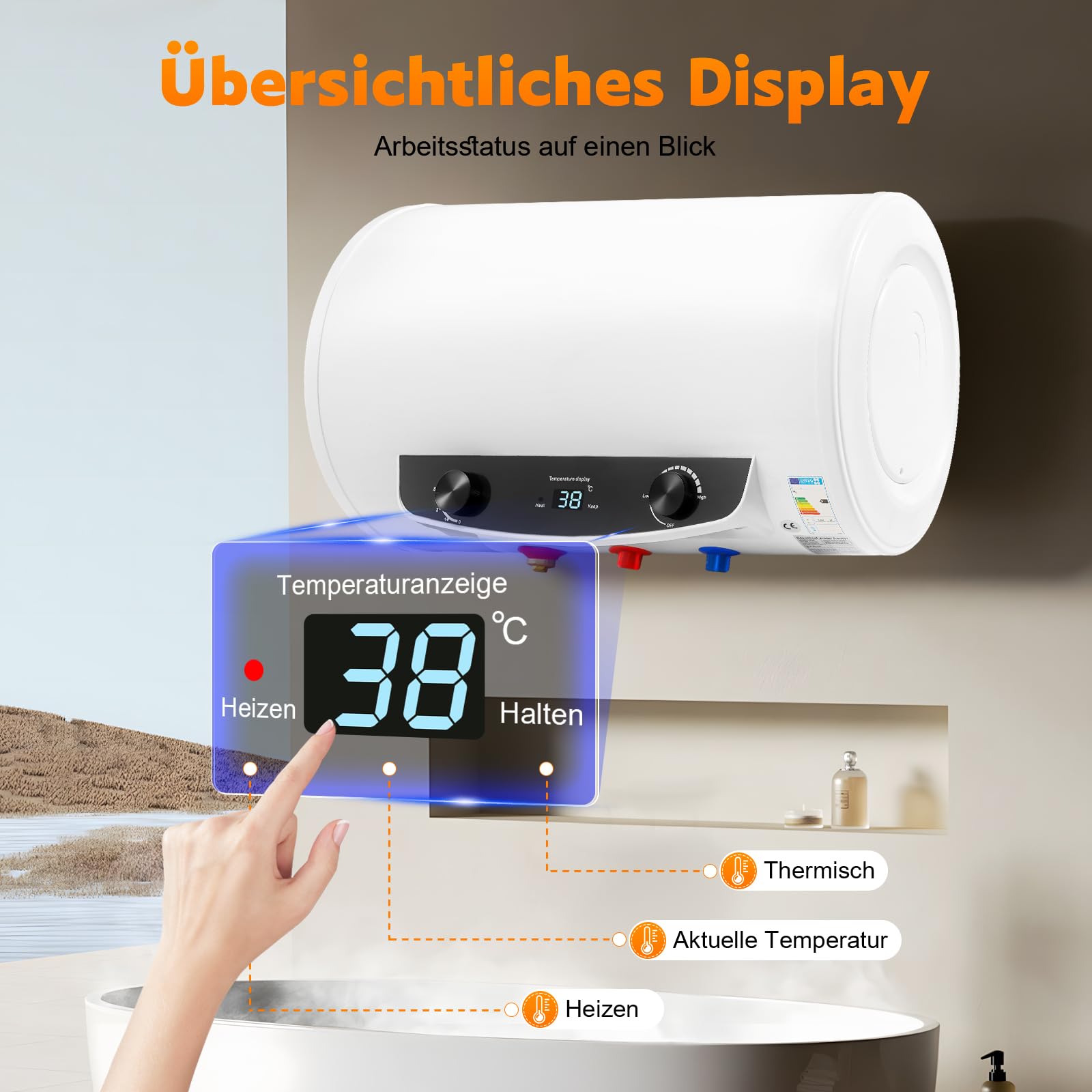 Elektrospeicher Warmwasserspeicher, Elektrischer Tank-Wassererhitzer 220V 2000W Durchlauferhitzer mit Handbrause und Schlauch Horizontal Boiler 25–75 °C für Badezimmer (50, Liter)
