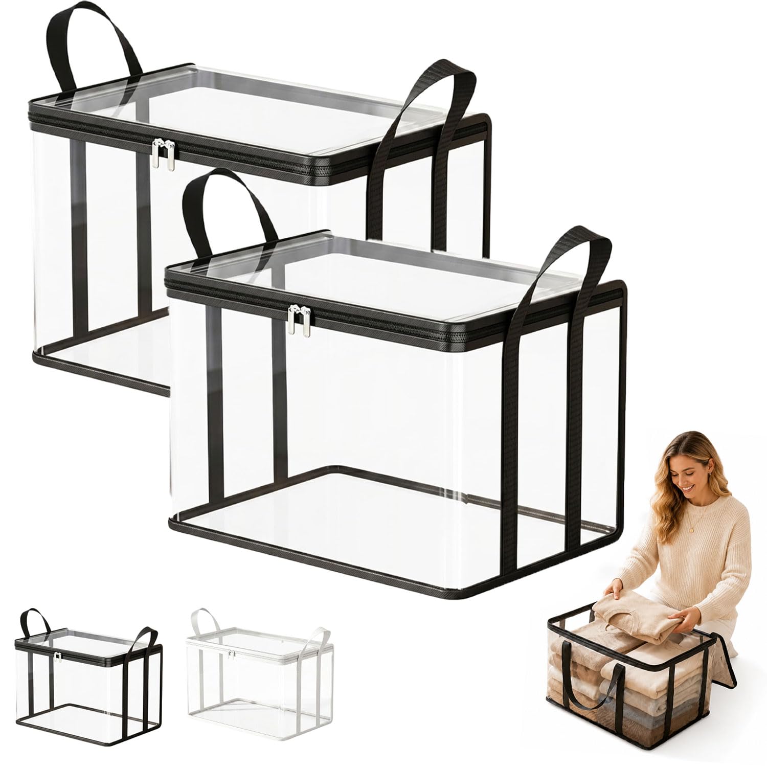 Hawiat 2026 New Large Clear Thick Plastic Storage Box with Hinged Lid, Clear Storage Box Heavy Duty Stackable Organizer for Clothes Camping Moving Attic (2pcs*black)