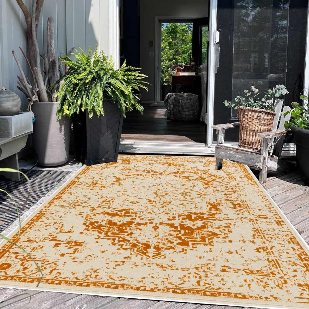 Boho Floral Waterproof Outdoor Rug for Patio Balcony Deck Garden Washable Non Slip Porch Camping Outside Area Rug Vintage Stain Resistant Hallway Pool Camping Large Carpet Navy Blue 5x8