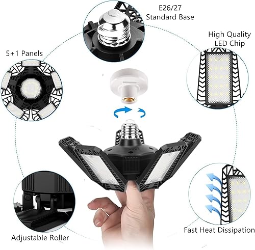 Miniatura 2 de Paquete de 2 luces LED de garaje, 160 W, 16500 lúmenes, 6500 K, deformables, luces LED de techo para garaje, con 5+1 paneles ajustables para garaje,