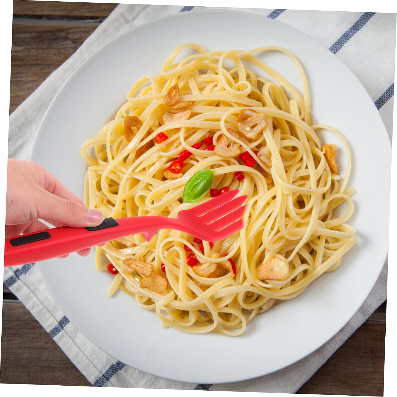Red Silicone Pasta Fork for Cooking Noodles, Smooth Edges