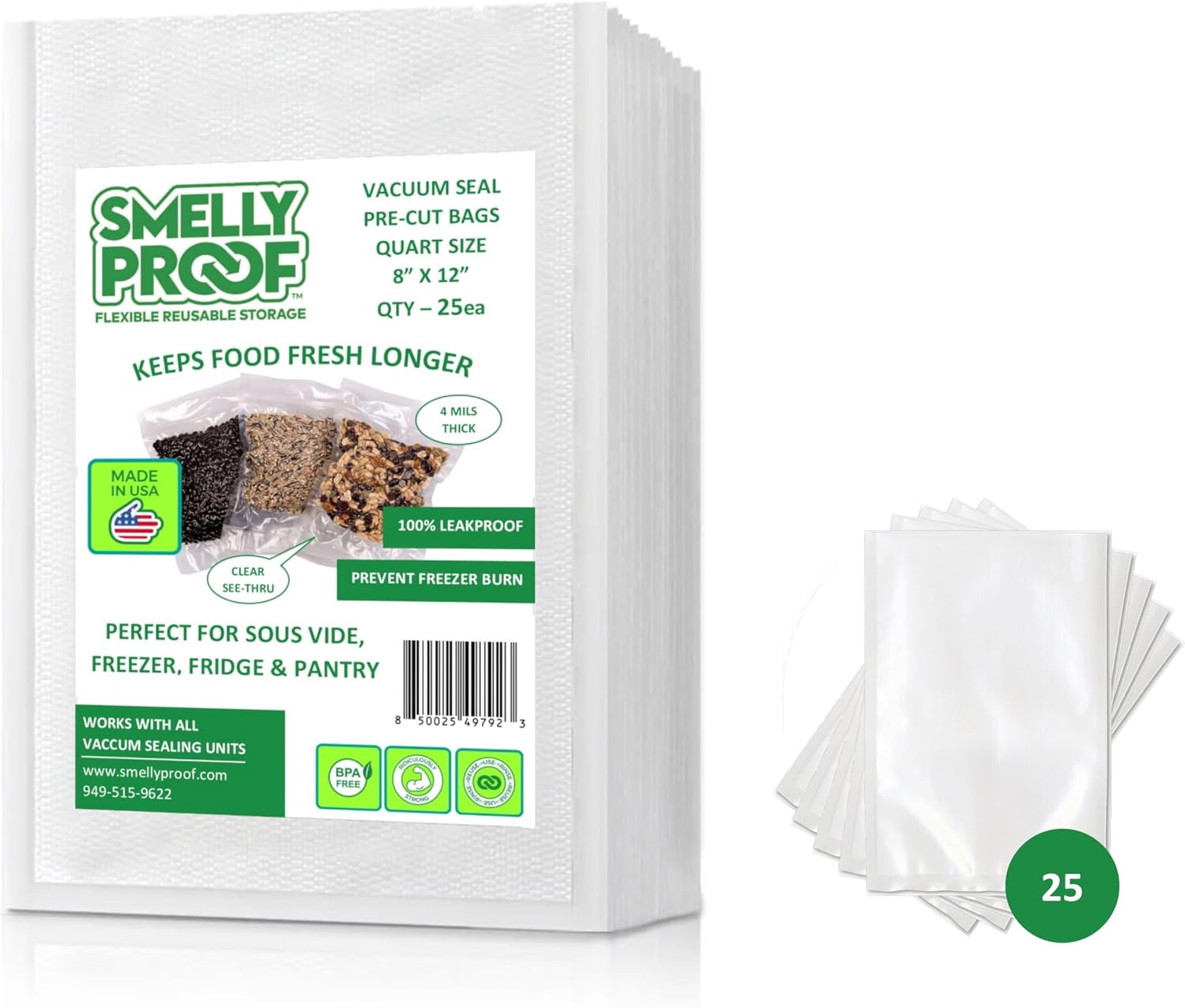 Smelly Proof Vacuum Bags, US Made – 25-Bags 8"x12" Quart, BPA FREE 4-Mil Vacuum Sealer Bags for Food, Seal Meal Bags, Freezer Storage, Meal Prep, Sous Vide Cooking & Storage