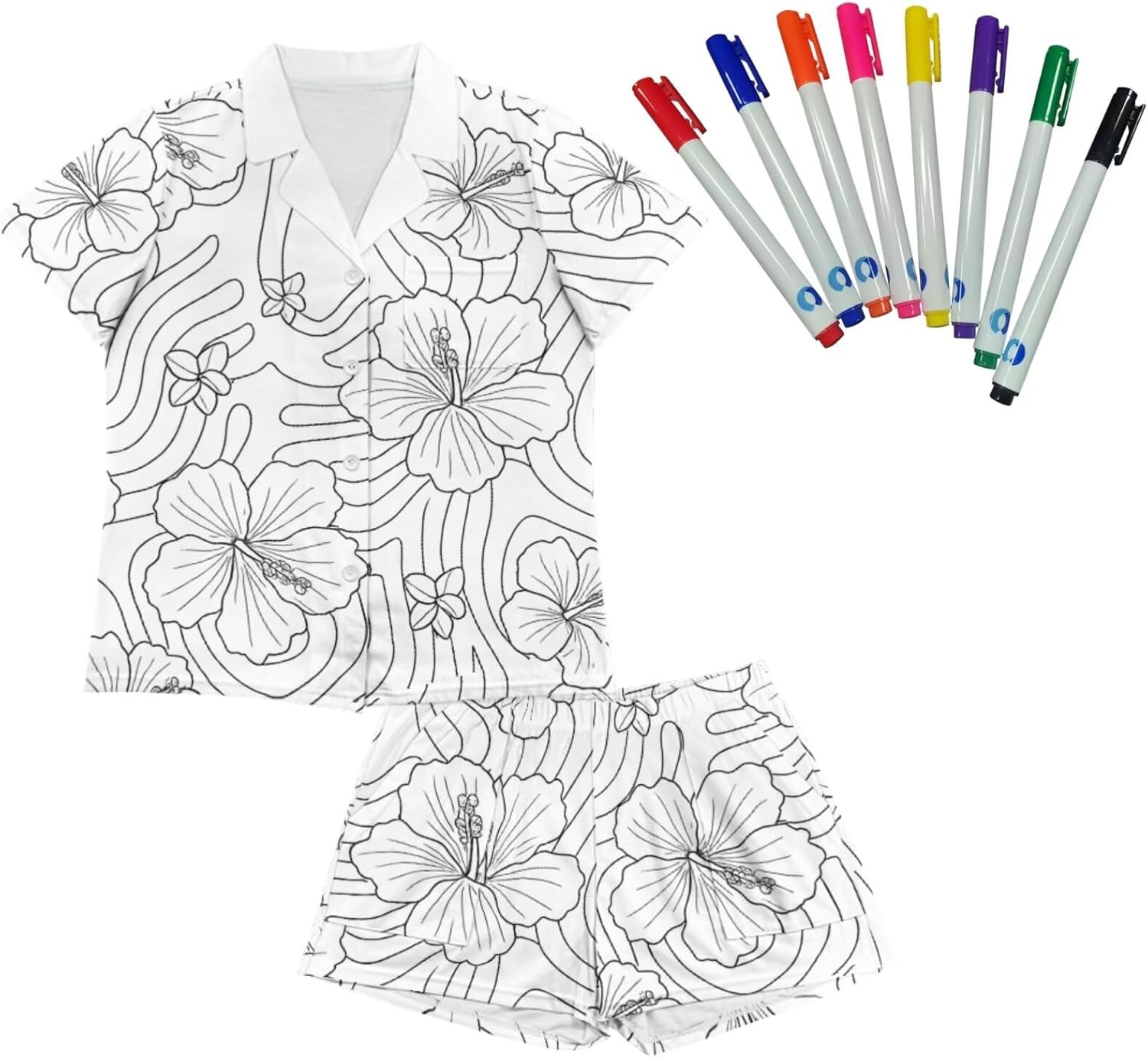 Womens Shorts Pajama Set for Spring Summer Beach Theme, Coloring Craft DIY Painting Pajmas for Women Color Your Own Personalized Pjs with 8 Markers