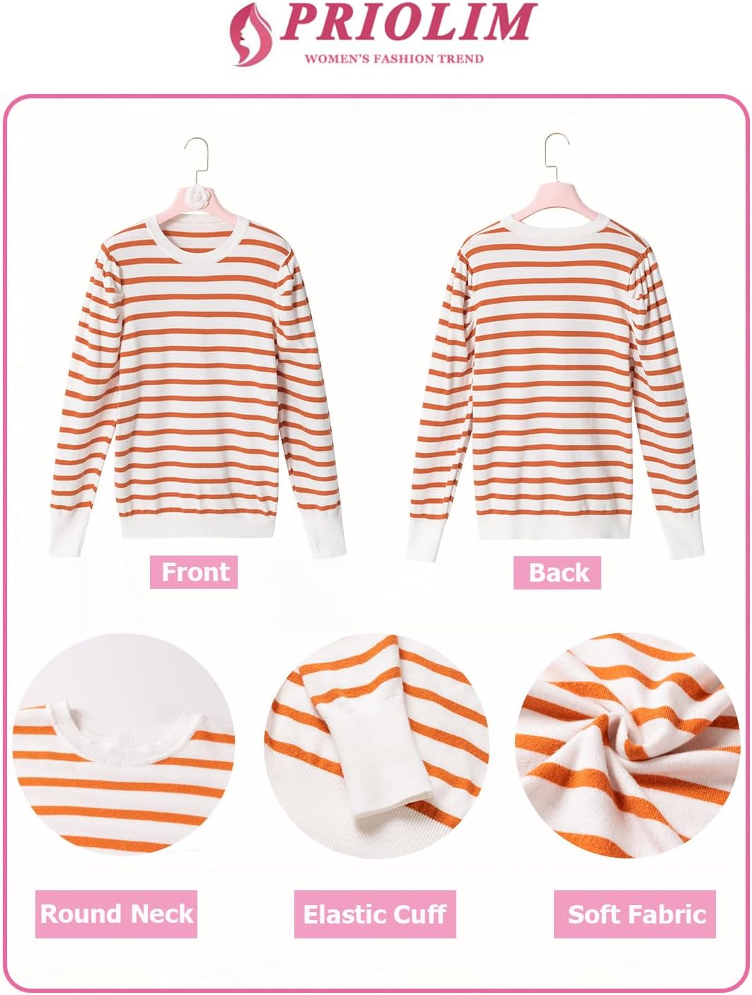 Womens Striped Sweater Fashion Puff Long Sleeve Knit Top Casual Crew Neck Pullover Sweaters - Image 5