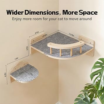 Cat Shelves for Wall, Corner Cat Wall Shelf with 3 Wide Steps, Wooden Wall Mounted Cat Shelf for Indoor Cats, 30 lb Capacity, Removable Plush Pads, Cat Climbing Perch Set for Large Cats