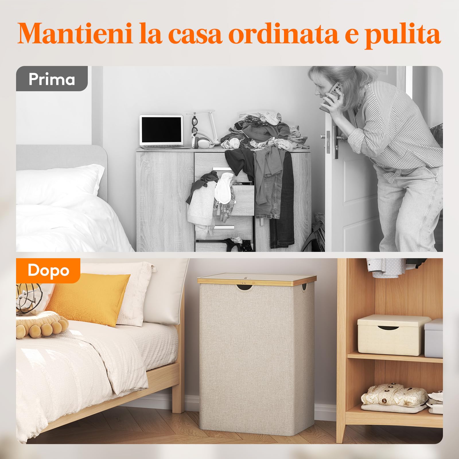 Lifewit 170 L Cesto Portabiancheria in Bambù, Grande Portabiancheria Sporca con Coperchio, Cesta Biancheria Pieghevole con Sacchi Rimovibili per Camera, Bagno, Lavanderia, Beige