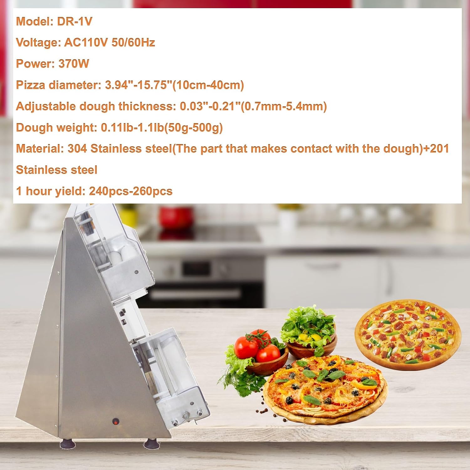 Banfluxion DR-1V Pizza Dough Roller Sheeter with specifications listed