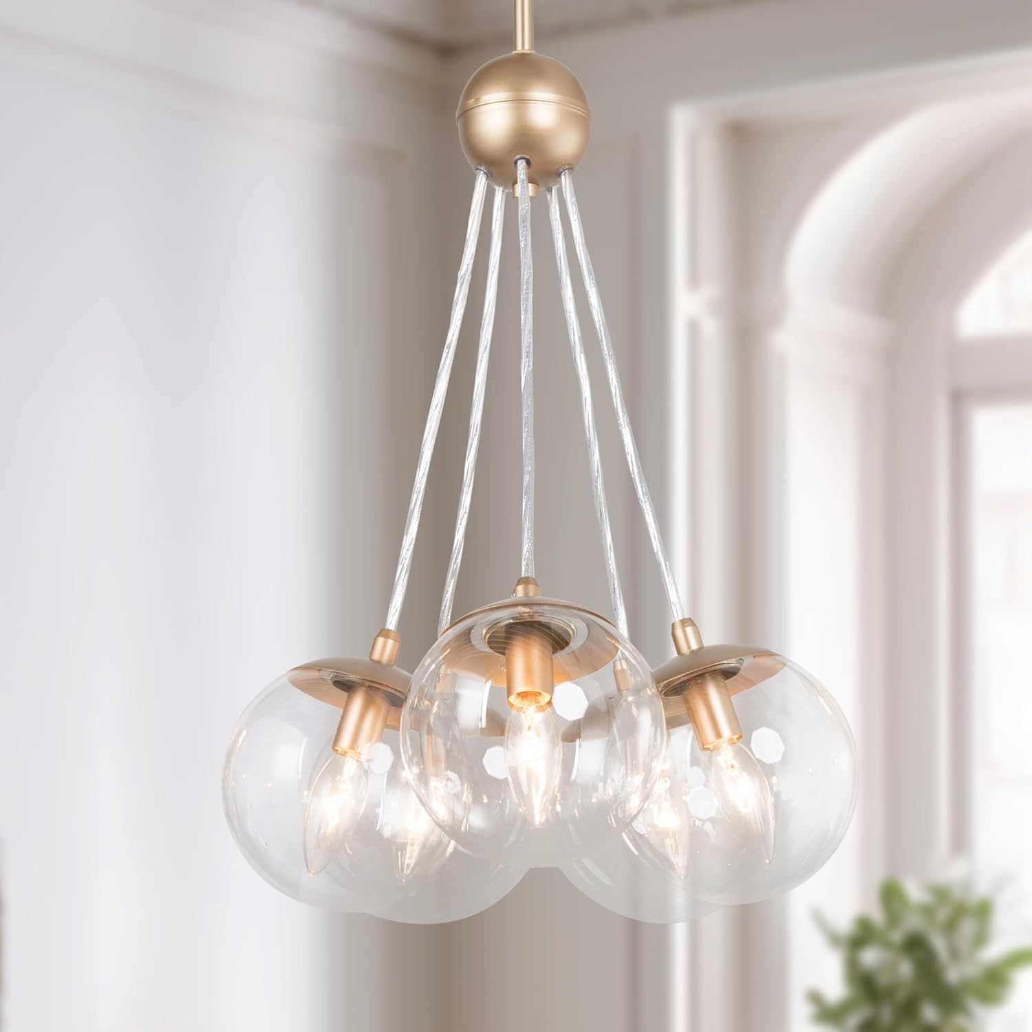 KSANA Gold Chandelier for Dining Room, 5 Light Modern Chandelier Light Fixtures with Globe Clear Glass Hanging Chandeliers for Living Room, Kitchen, Entryway