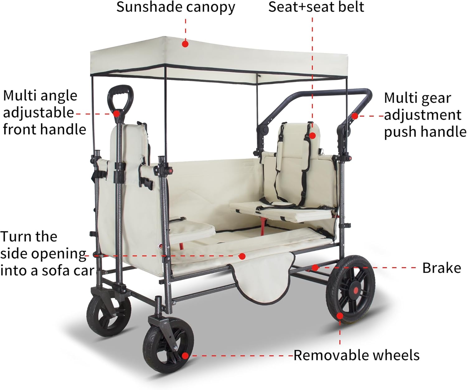 TMZ Collapsible Wagon Cart with Side-Opening Seat Conversion Design, Foldable Utility Wagon with 2 Seats, Heavy Duty Wagon 265 lbs Load Capacity (Beige)