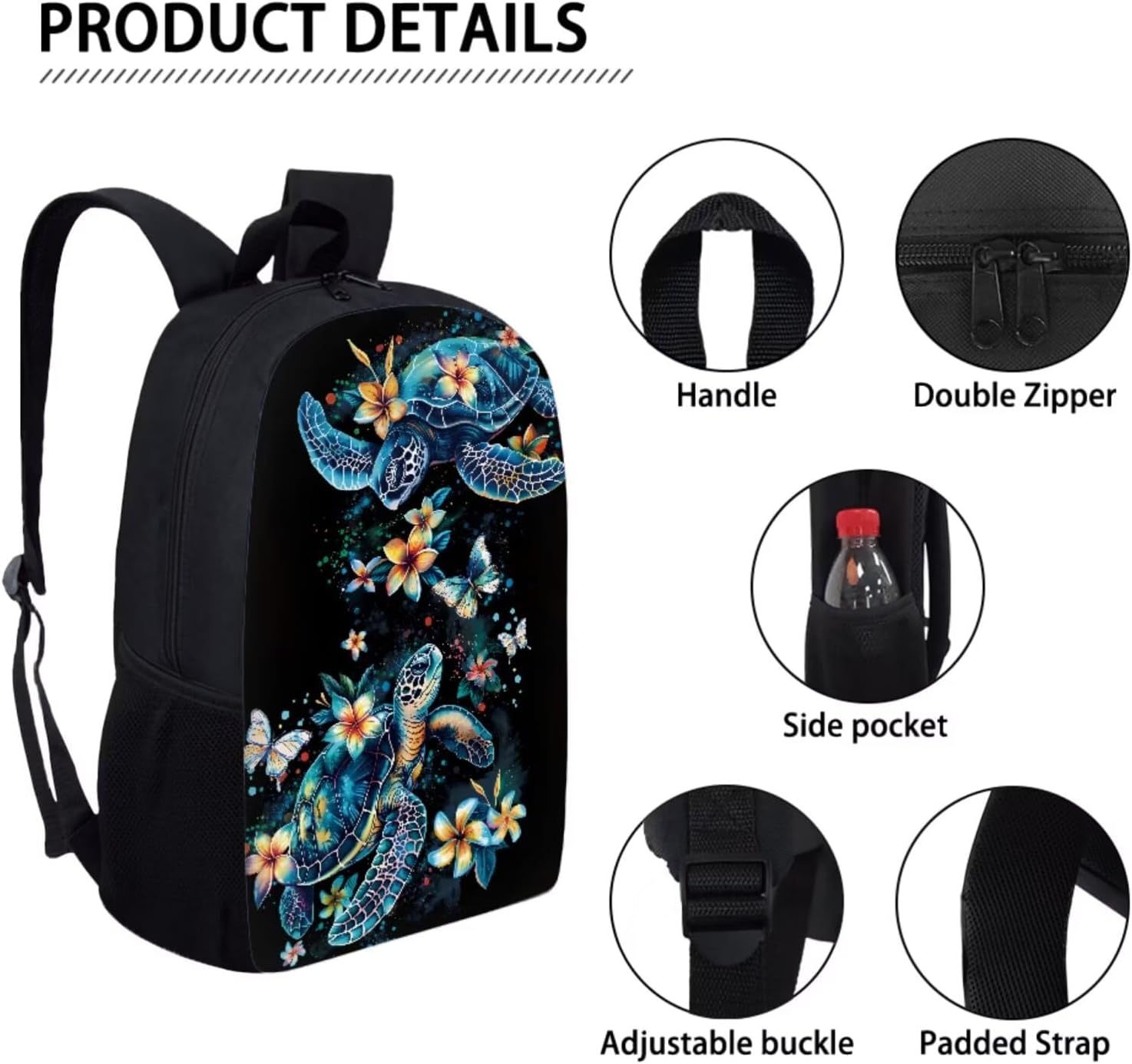 Xoenoiee Sea Turtle and Floral Pattern Back to School Backpack Set of 3 Pack Teens Primary Schoolbag Thermal Lunch Box Pencil Bag 3 in 1 for Boys Girls