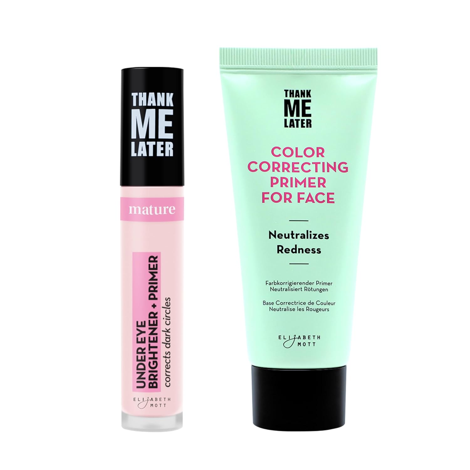 Elizabeth Mott Thank Me Later Brightening & Color Correcting Bundle – Under Eye Brightener Base + Face Primer with Niacinamide & Cica for Dark Circles, Redness & Long-Lasting Makeup Wear