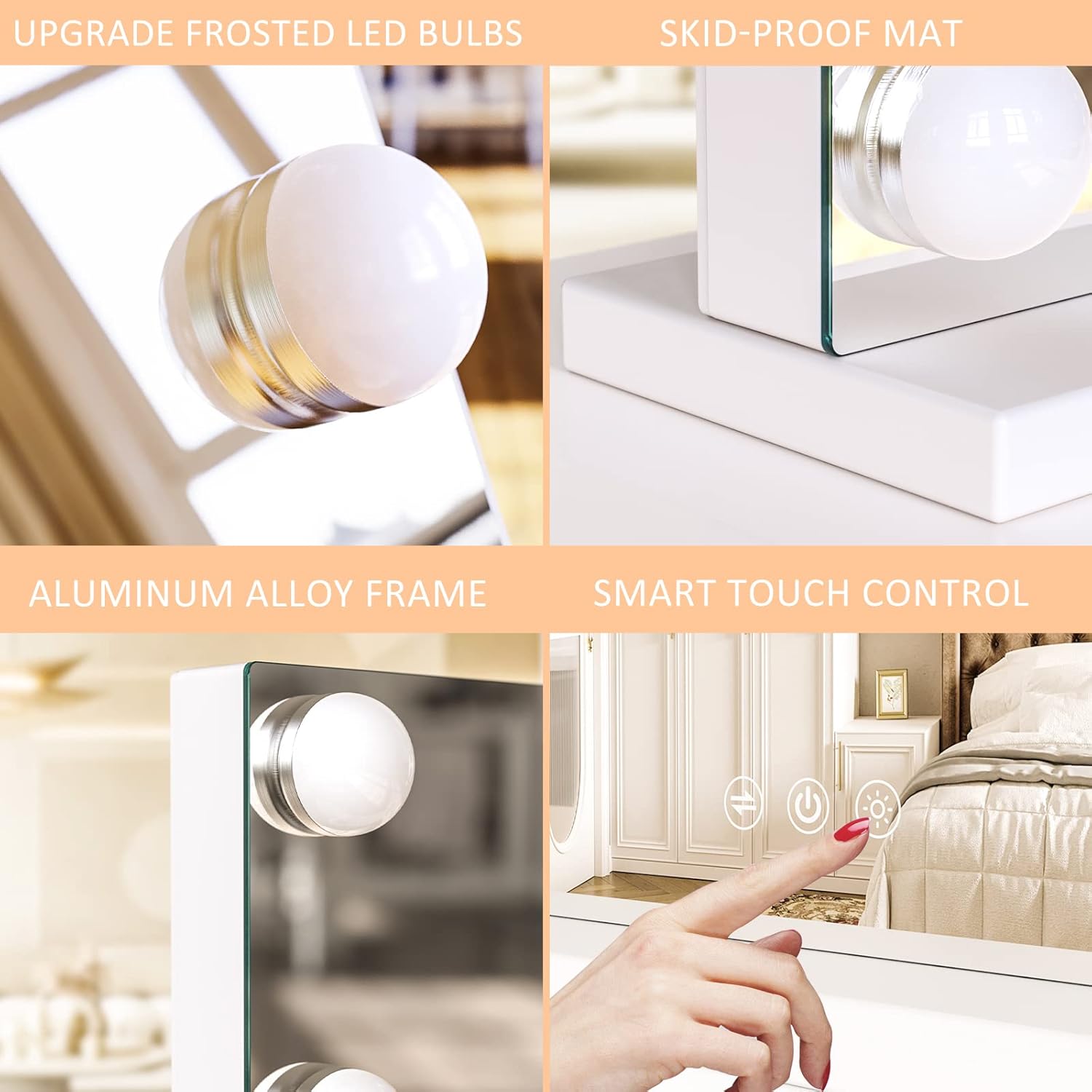 Vanity Mirror with Lights Lighted Makeup Mirror with 15 Dimmable LED Bulbs,3 Color Lighting Modes,USB Charging Port Touch Control,Sturdy Metal Frame Design 24x18 Inch,White